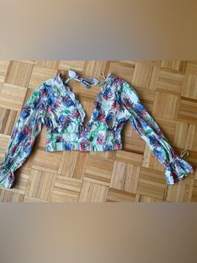 Anthropologie White Crop Top with Blue & Green Floral Print NWT